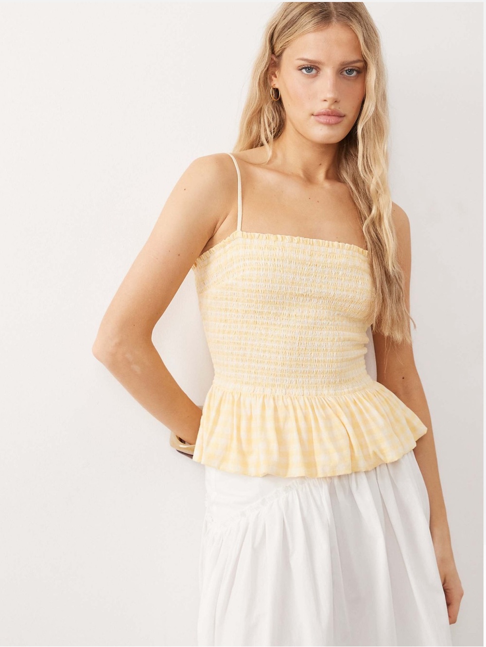 Free People Sundance Shirred Strappy Top Yellow Gingham Size M NWOT